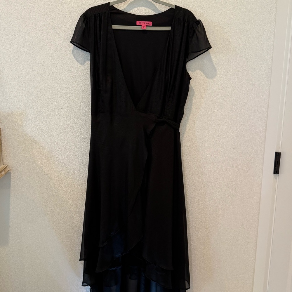 Betsey Johnson Little Black Dot V-Neck High Low Ruffle Cap Sleeve Wrap Dress 10 - Picture 3 of 16